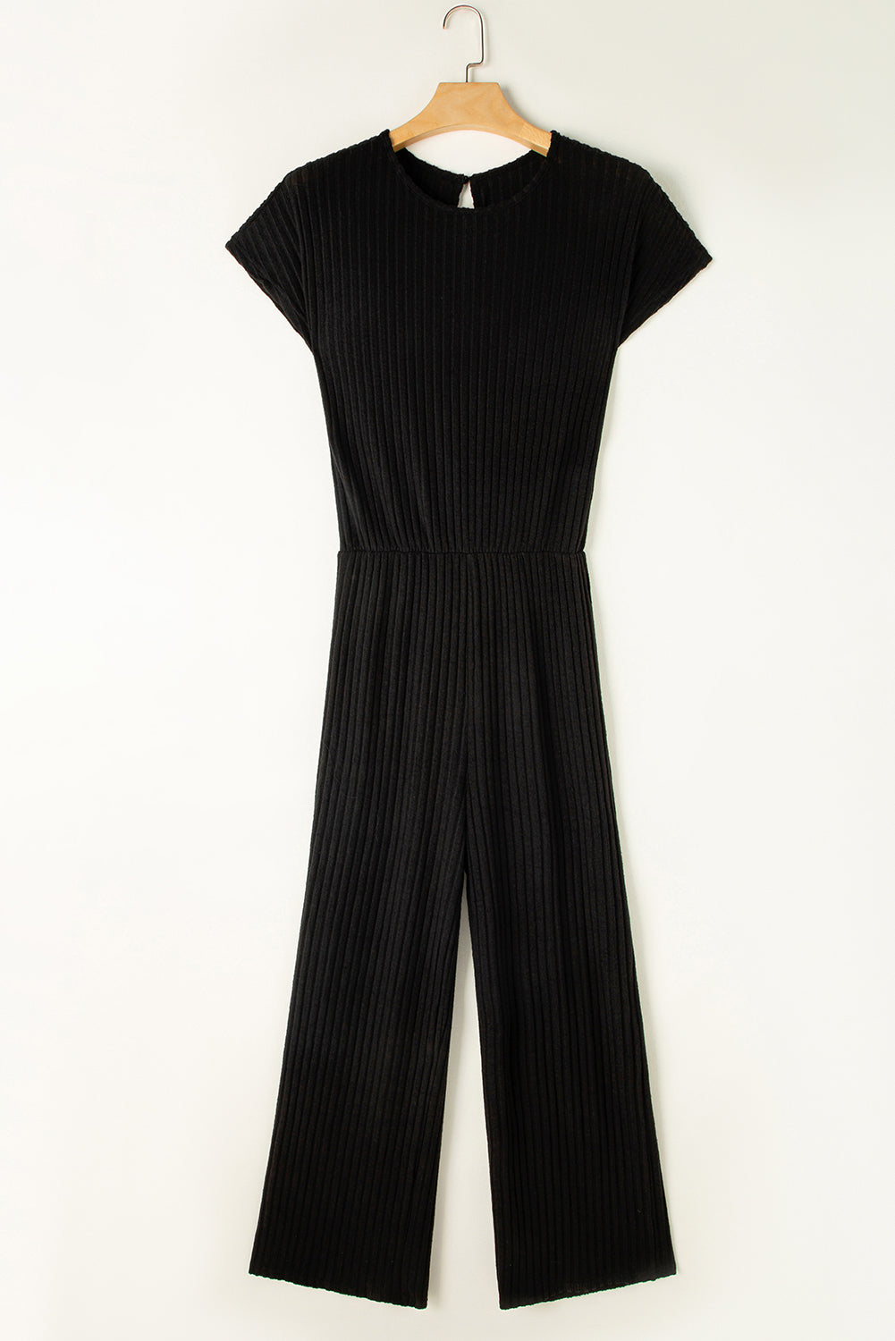 Combinaison noire côtelée à manches courtes et jambes larges de couleur unie-A WOMAN WE LOVE