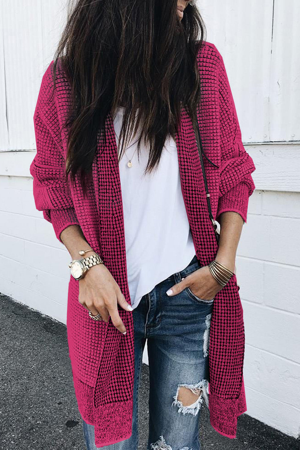 Rose Plaid a maglia a maglia con cardigan anteriore aperto lungo