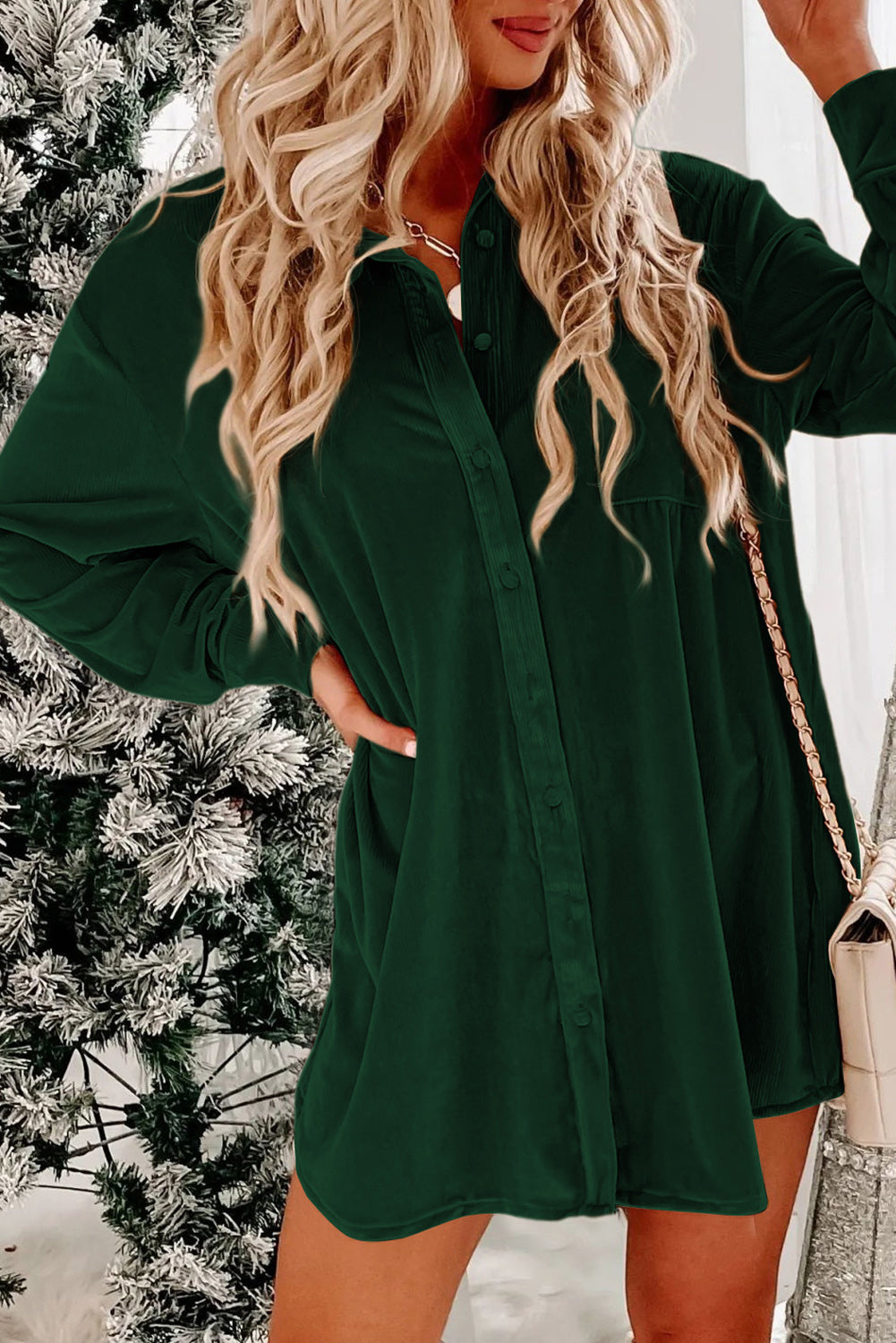 Blackish Green Velvet Button Front Shirt Mini Dress