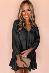 Black mini-robe in ruffled chambray and puffy sleeves, V-collar