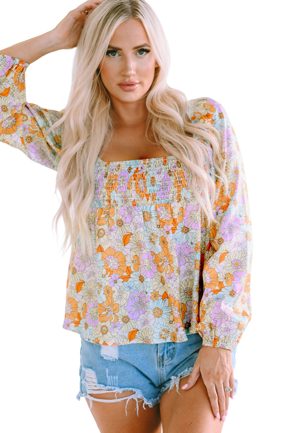 Blouse babydoll à manches bouffées à manche à manche floral multicolore