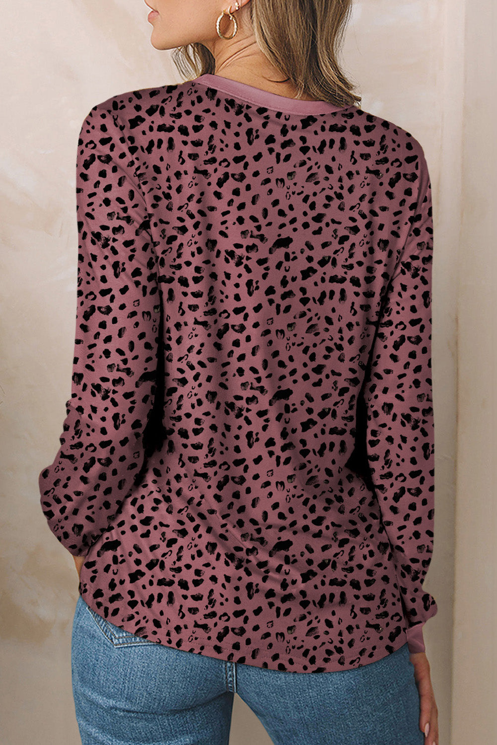 Animal print polka dot long sleeve crew neck top