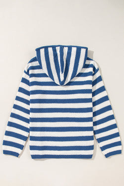 Blue Striped V-Neck Drawstring Hoodie with Pockets