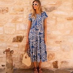 Short-sleeved flared dress with sky blue bohemian print