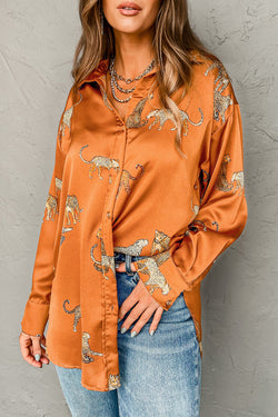 Shirt buttoned in satin with Russet Orange Guépard Print Print