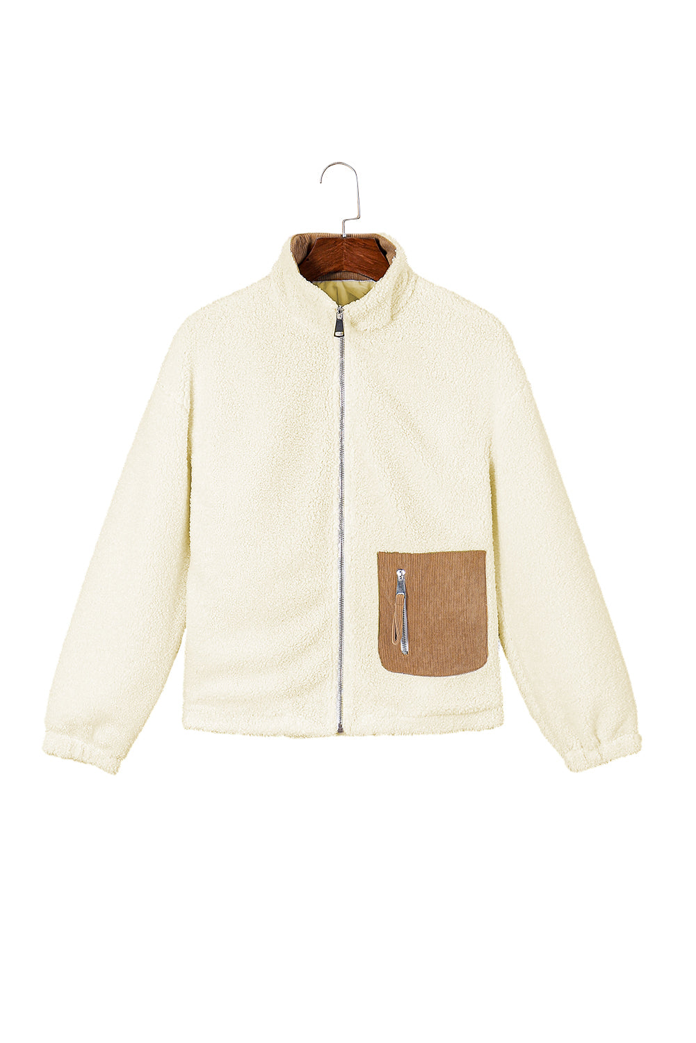 Chaqueta de sherpa de bolsillo con cremallera de contraste blanco