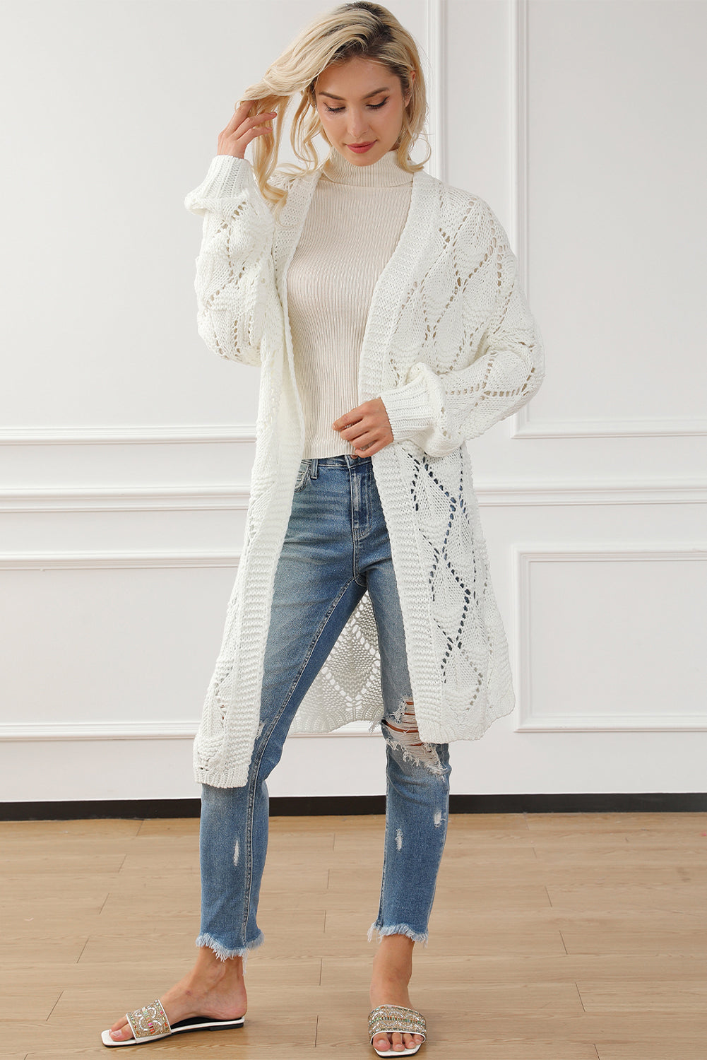 White Rhombus Hollowed Knit Open Front Cardigan