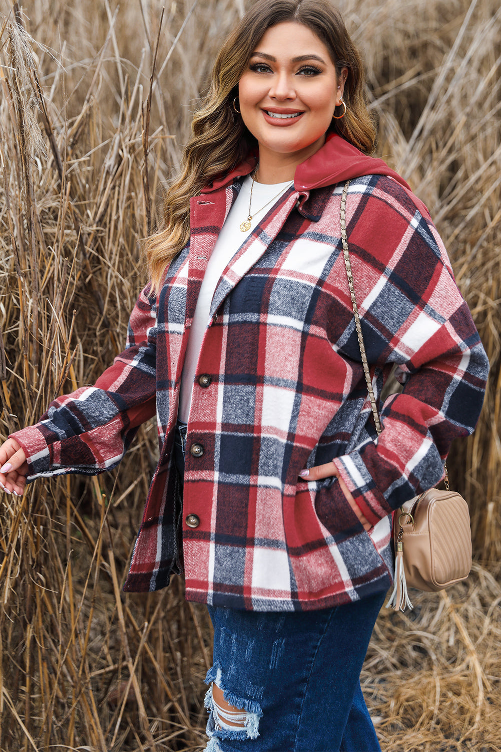 Veste à capuche à bouton à plaid à taille plus imprimée en rouge