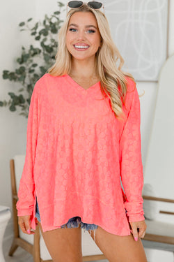 Apricot Pink Oversized Floral Jacquard V-Neck Long Sleeve Top