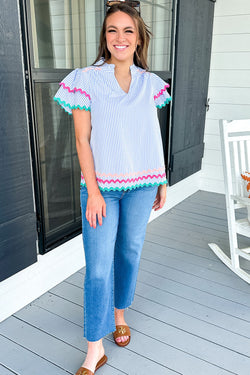 Ricrac striped blue striped blouse and split collar, ruffle sleeves