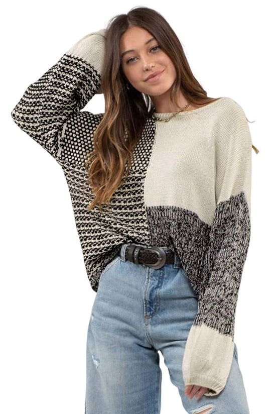 Neutral color block black sweater with tie at the back