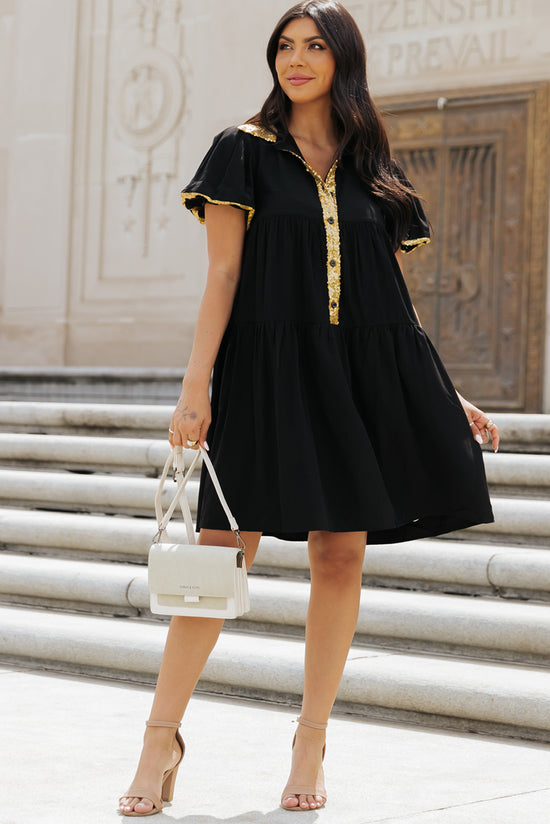 Black Shirt Dress with Bubble Sleeves and Sequin Trim for Game Day