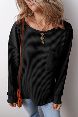 Black Long Sleeve Drop Shoulder Top with Solid Color Drawstring