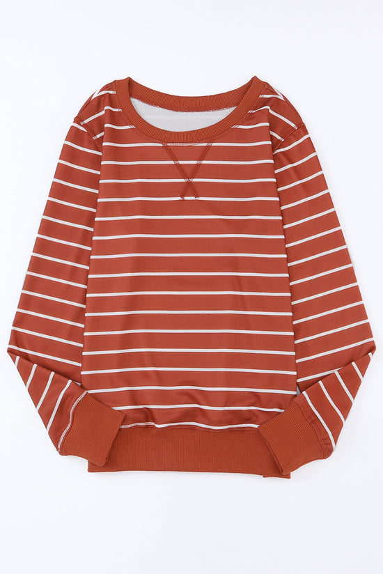 Red Striped Print Ribbed Trim Long Sleeve Top