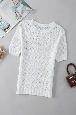 Textured white sweater with semi-long and openwork sleeves