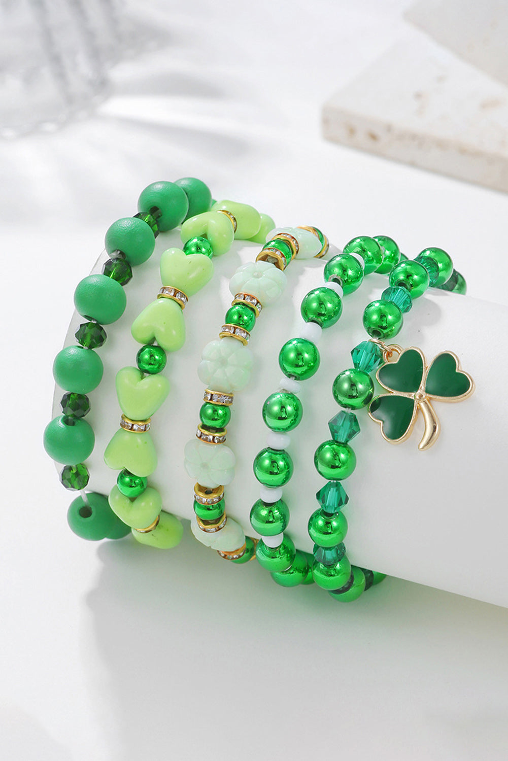 Ensemble de bracelets perlés avec pendentif trèfle vert, 5 pièces