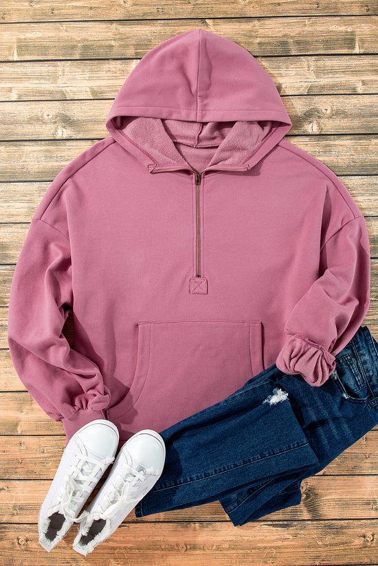 Loose hoodie with kangaroo pockets and half-zip lined with valerian fleece