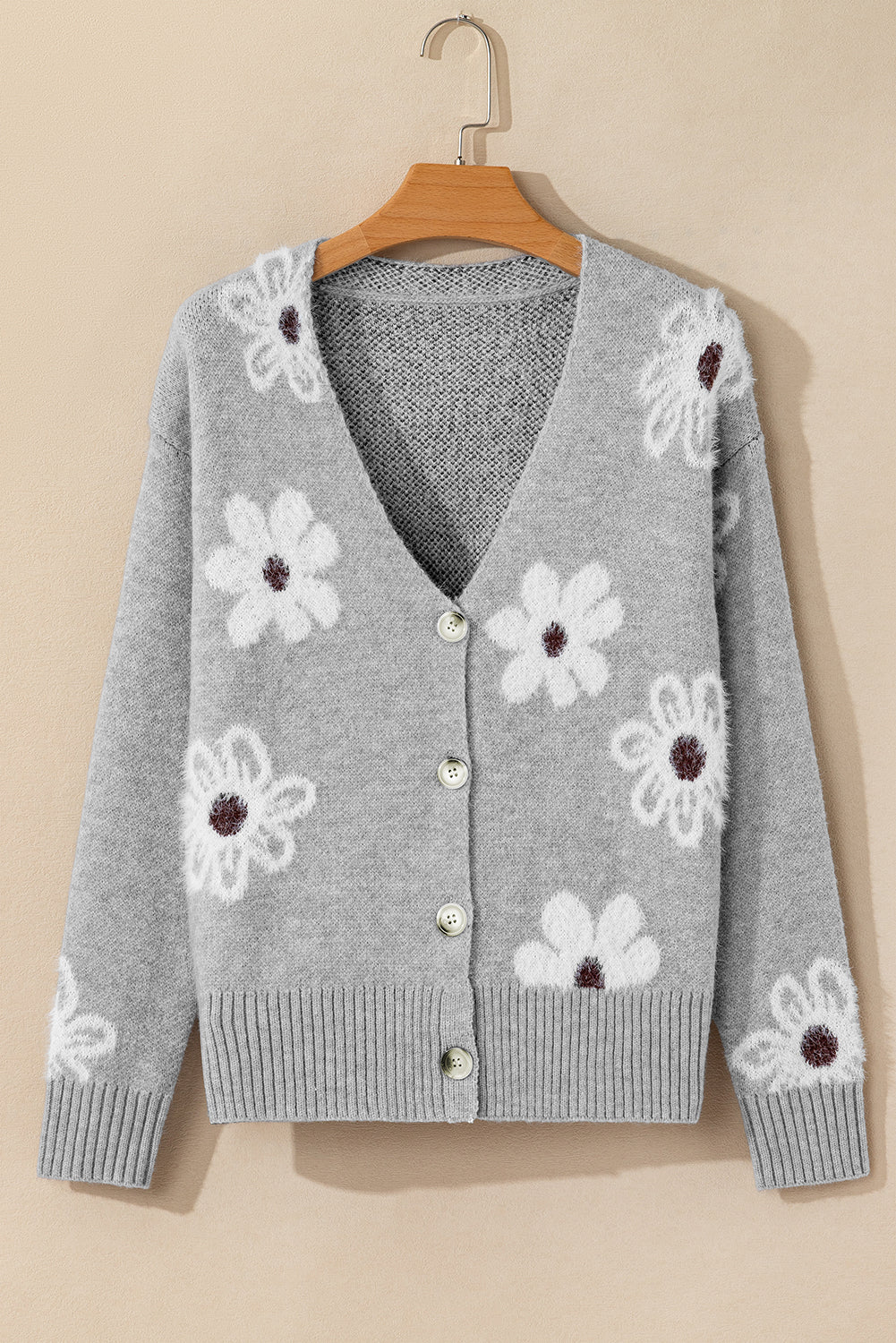 Cardigan tricoté boutonné à col en V et imprimé floral gris clair-A WOMAN WE LOVE