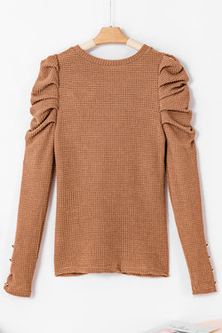 Textured buttoned Gigot sleeve top in solid chestnut