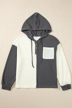 Sudadera con capucha con cordón apretado y hombros caídos con botones de bloque de color de color gris oscuro