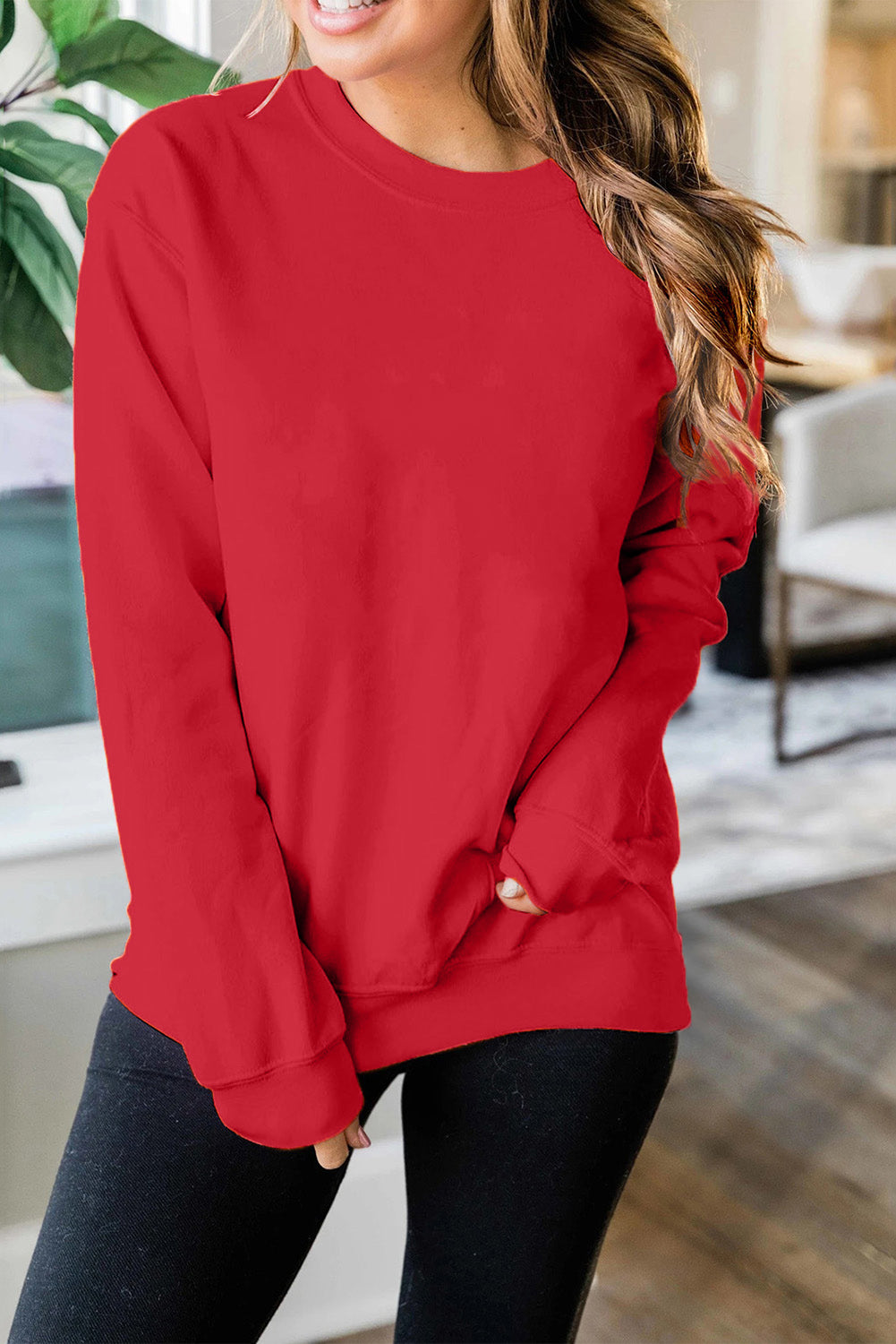 Red Plain Crew Neck Pullover Sweatshirt