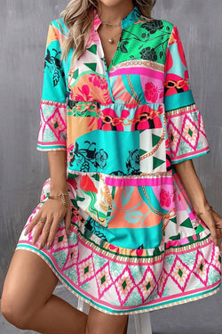 Multicolor mini-abstract print, half-long sleeves, notch collar