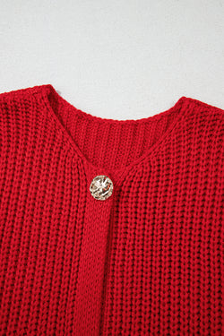 Gilet pull boutonné en tricot texturé uni rouge ardent avec poches latérales