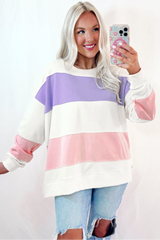 Sudadera beige con cuello redondo y hombros que caen en bloque de color de retazos