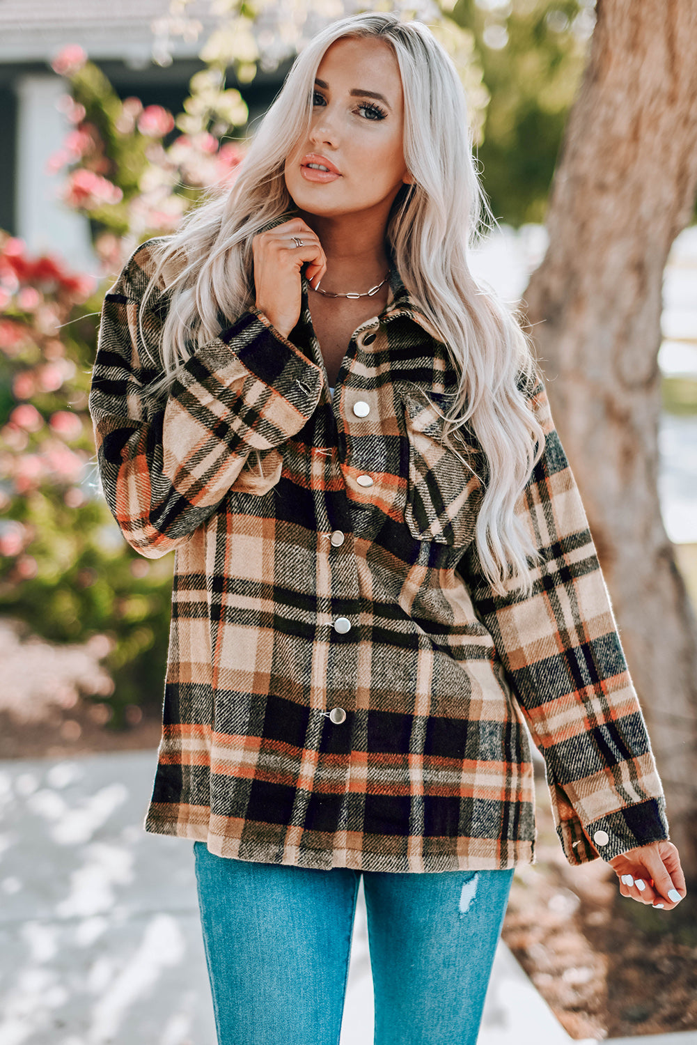 Orange Geometric Plaid Print Pocketed Shacket