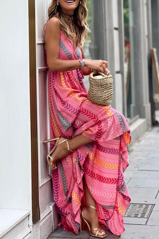 Long Pampilles Western Pink Western dress with V -neck Western