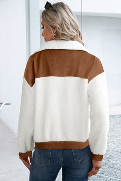 Chestnut corduroy fuzzy jacket with contrasting color blocks and patchwork