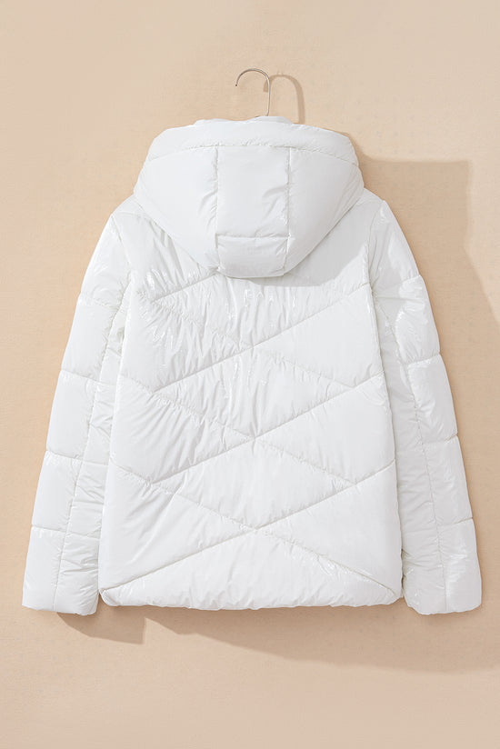 White Solid Quilted Hooded Zip Up Puffer Coat