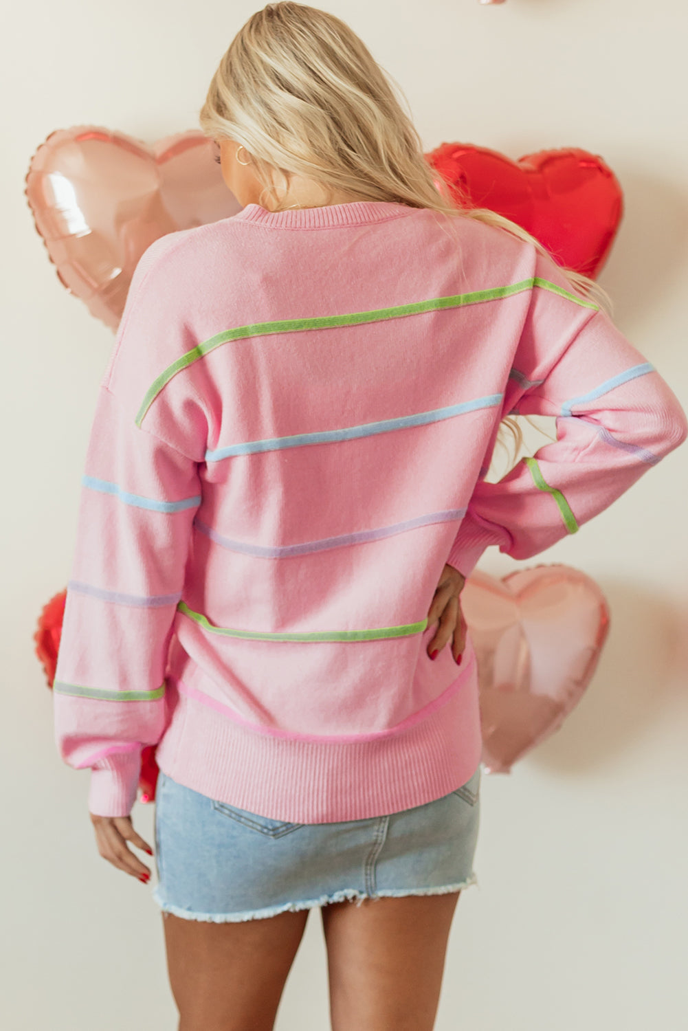 Pink Rainbow Striped Drop Shoulder Baggy Henley Sweater