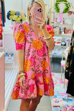 Pink Floral Mini Dress with Puff Sleeves and Ruffled V-Neck