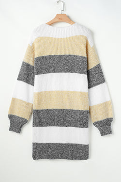 Color block striped sweater dress, bubble sleeves, drooping shoulders