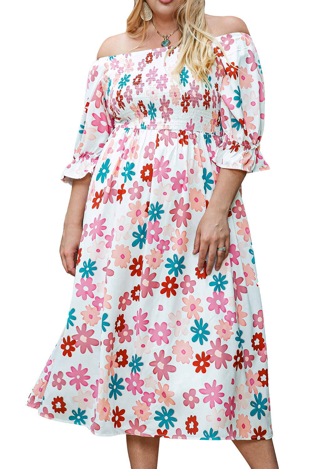 Vestido de hombro con estampado de flores de talla grande de talla grande