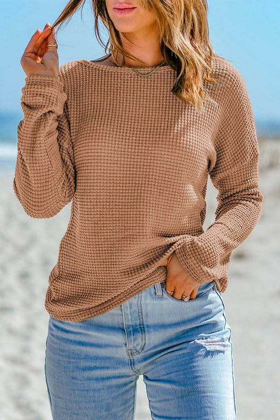 Khaki long sleeve drop shoulder waffle knit top