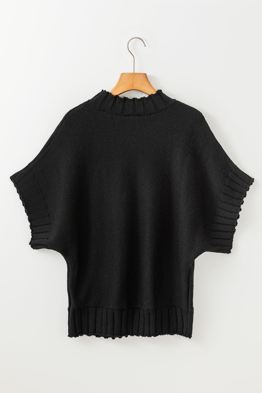 Black Mock Neck Batwing Pull en tricot à manches courtes