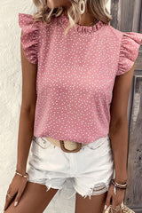 Blouse rose à pois et volants à manches flottantes et col à volants-A WOMAN WE LOVE