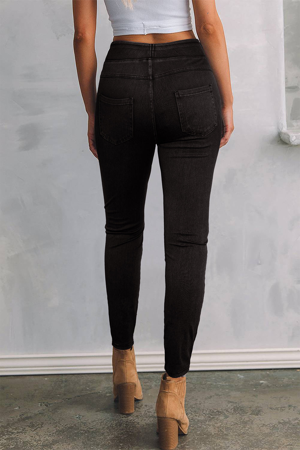 Schwarze feste Farbe hohe Taille dehnbar schlanker Fit Jeggings