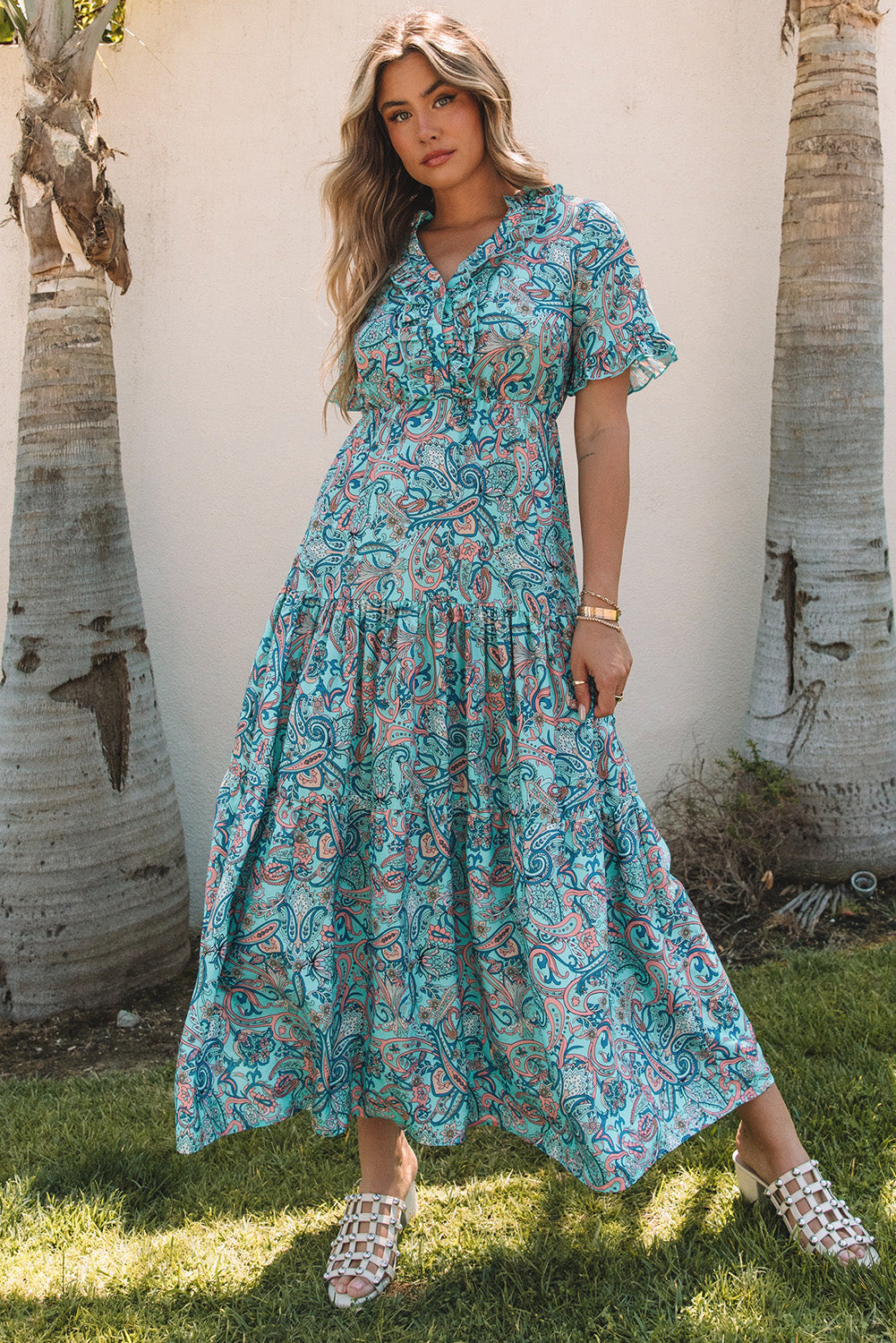 Sky Blue Paisley Print Boho Holiday Ruffle MAXI Robe