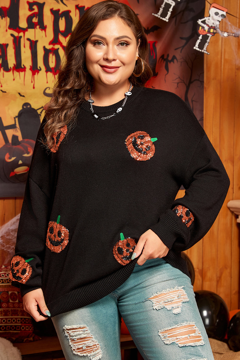 Plus Size Black Halloween Sequin Pumpkin Pattern Sweater