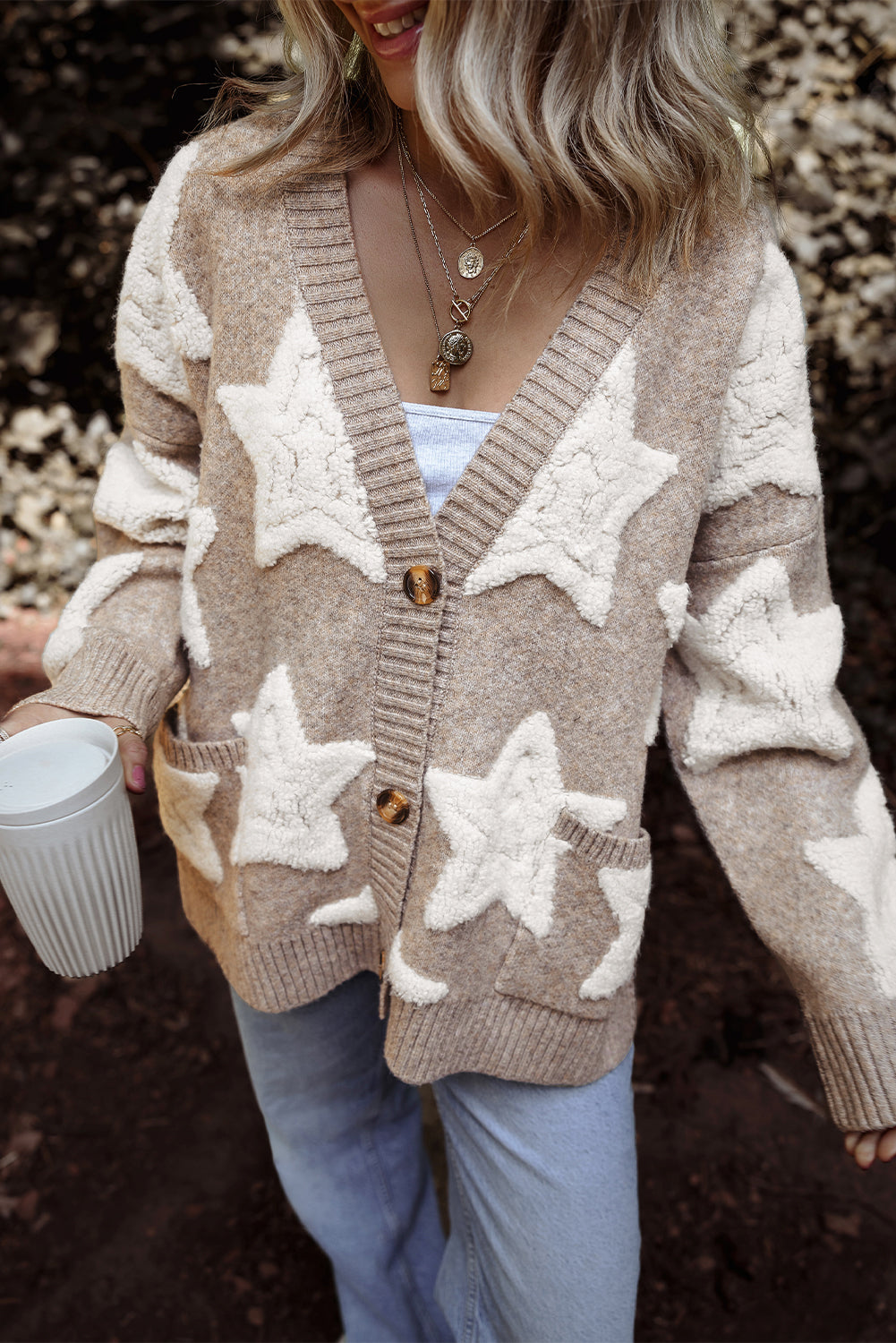 Khaki Star Pattern Sherpa Textured Sweater Cardigan with Pockets