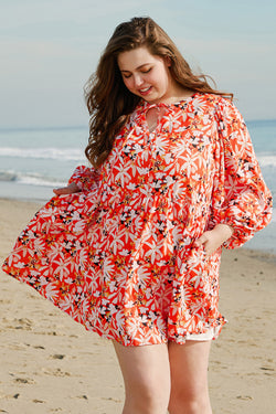 Robe mi-longue orange à imprimé floral, grande taille *