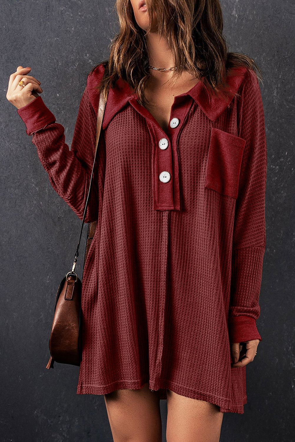 Red Waffel strickte Buttoned Long Sleeve Top