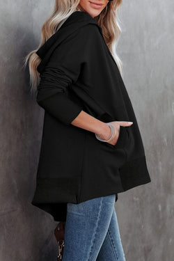 Black Henley Hoodie with Pockets and Batwing Sleeves