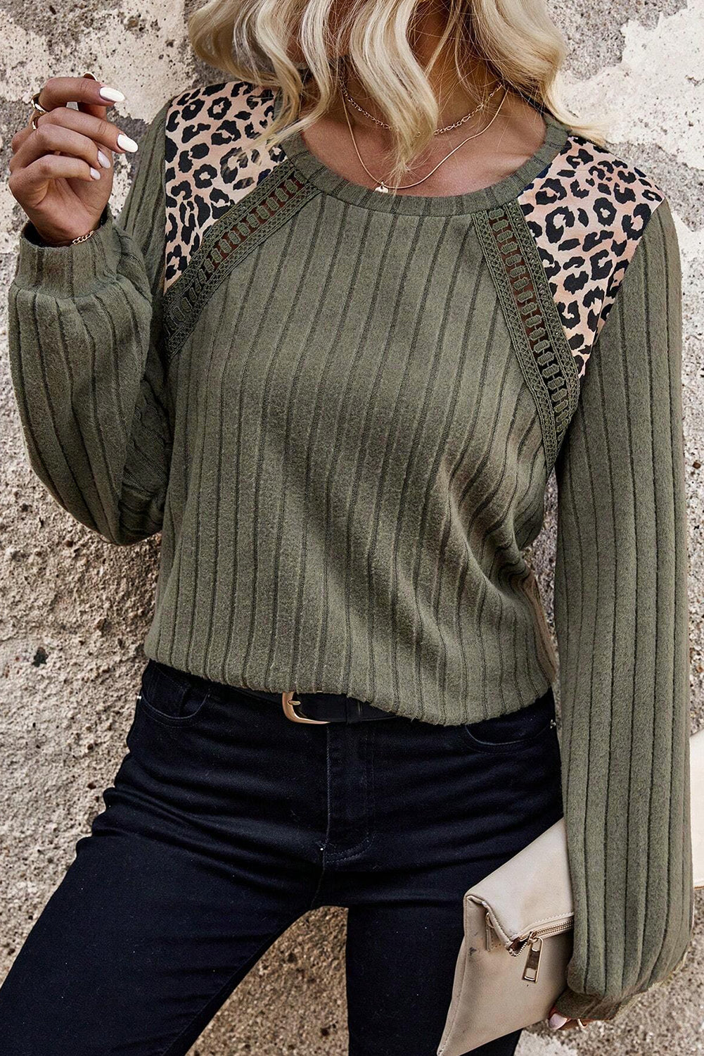 Moss Green Patchwork Leopard Print Ribbed Textured Knit Top