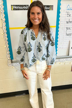 Beautiful Blue - Long sleeve blouse and floral print with striped and collar in tied