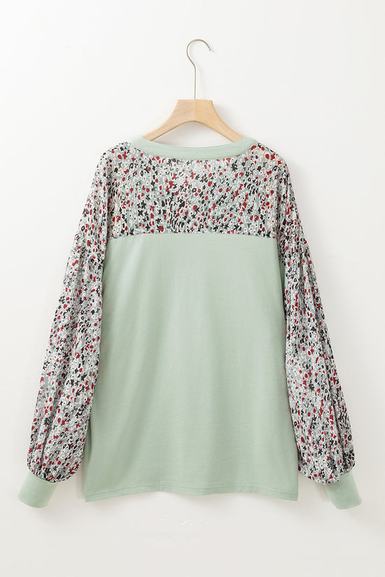 Meadow Mist Green Contrast Print Bubble Sleeve Loose Henley Top with Slits