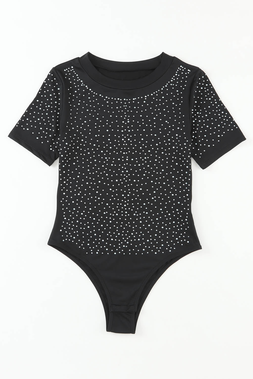 Rhinestone negro Bodysuit de manga corta de cuello redondo